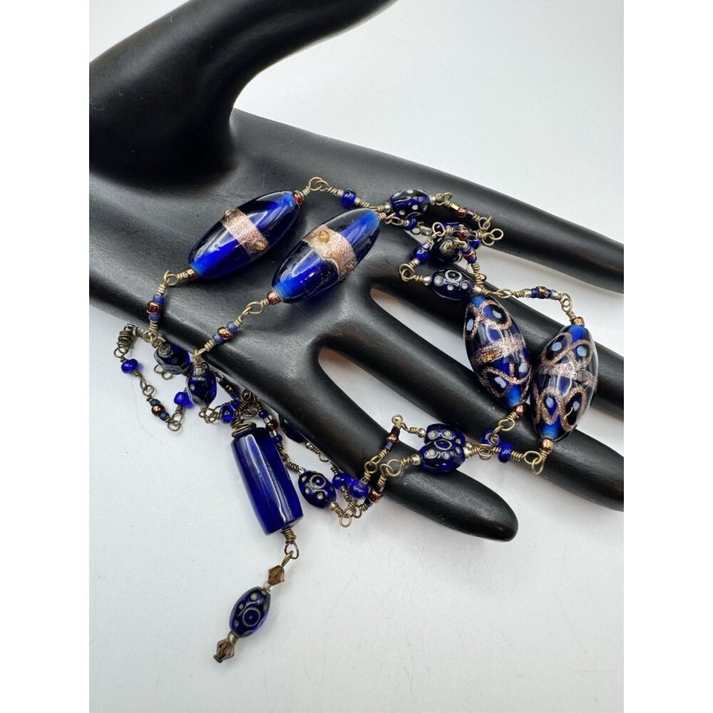 Stunning Italian venetian Murano Blue Bronze Wedding Cake Art Glass Necklace Vtg